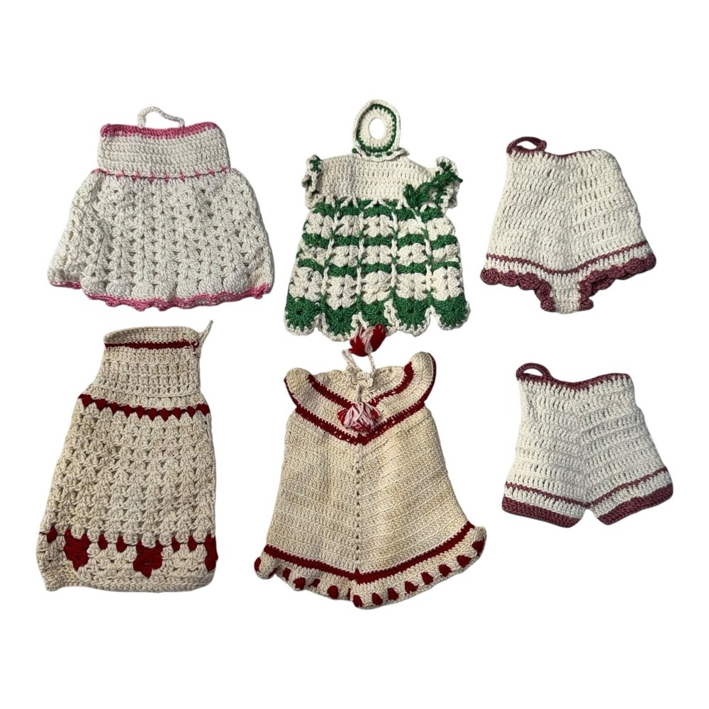 Vintage Crocheted Dress Shaped Pot Holders Hanging Loop 6 pcs